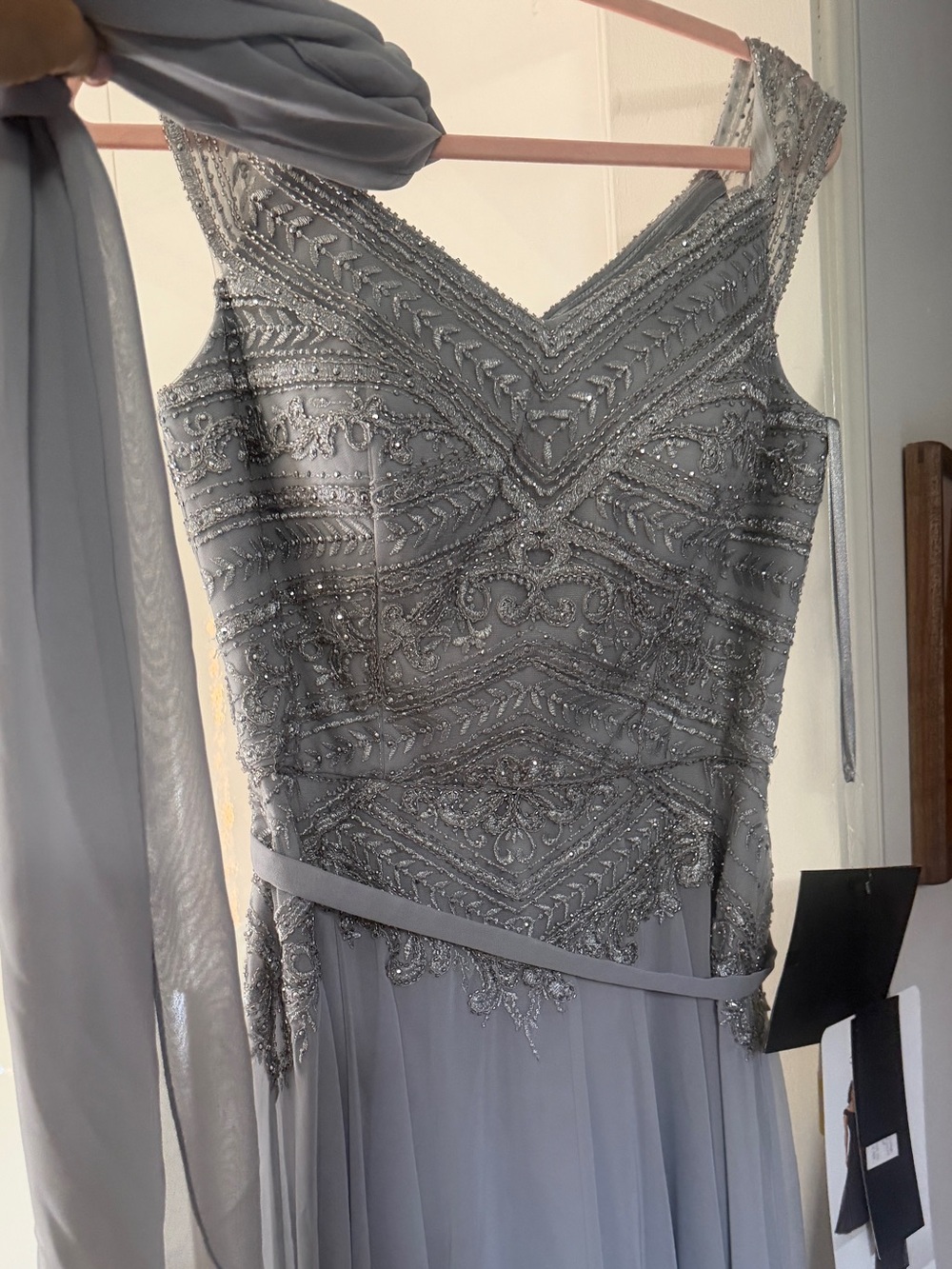 NEVER WORN MGNY Silver Beaded V-Neck Evening Gown